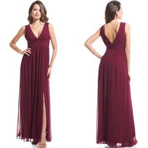 Levkoff Women's Burgundy Sangria Chiffon V-Neck A-Line Pleated Dress Gown Size 4